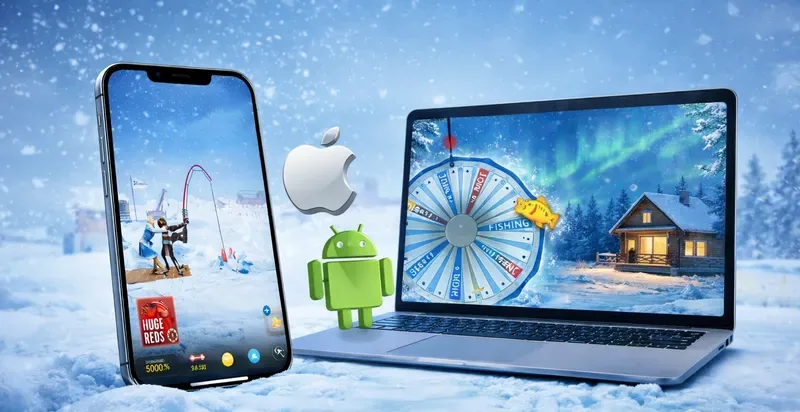 Het spel Ice Fishing op een smartphone en laptop in een besneeuwd decor