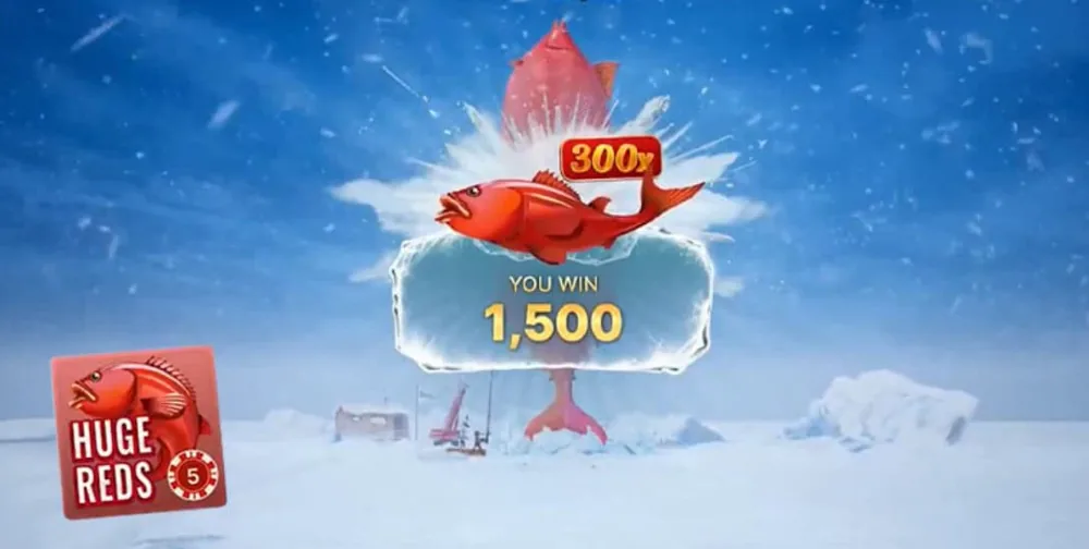 Huge Reds-bonusronde van Ice Fishing die een 300x vismultiplier uitbetaalt