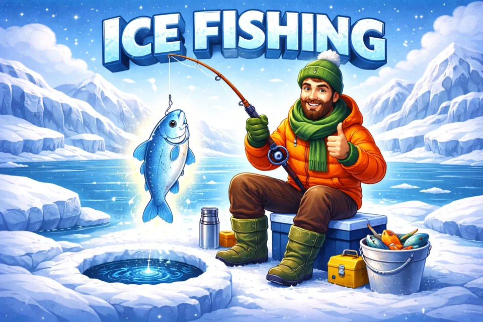 Getekende ijsvisser met een glanzende vis — Ice Fishing gratis spelen