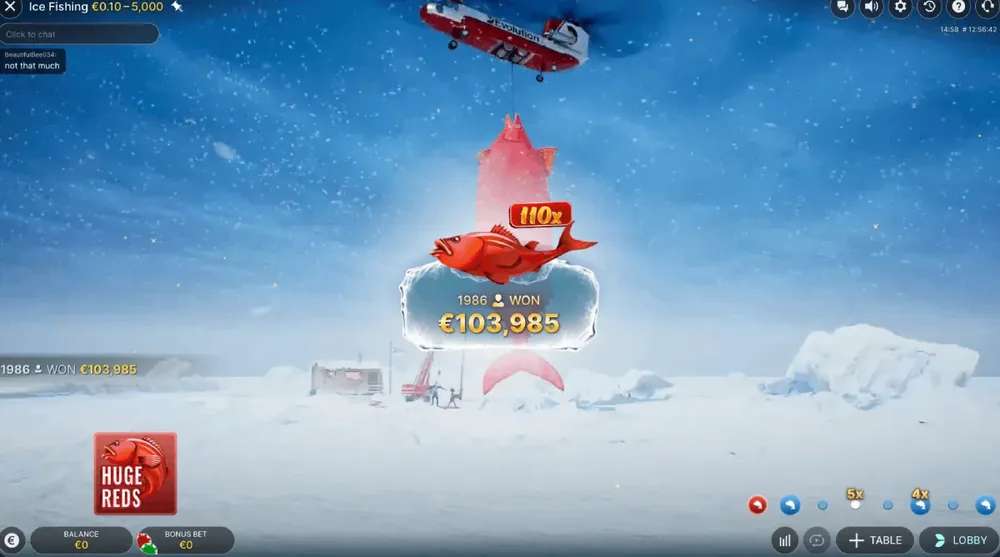 Huge Reds-resultaat in Ice Fishing Live met een grote multiplierwinst