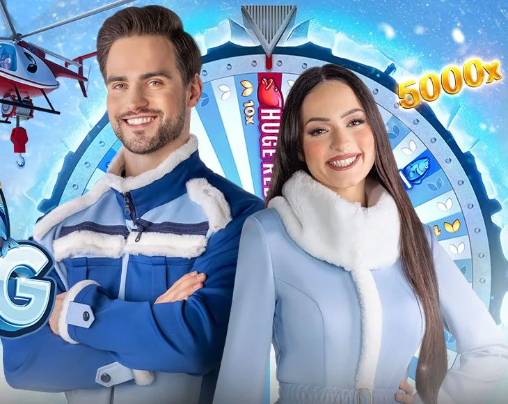 Presentatoren van Ice Fishing Live voor het wiel met 53 segmenten